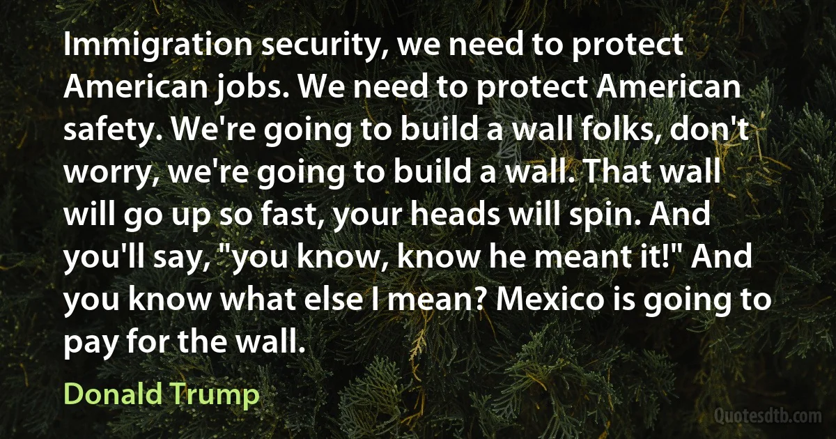 Immigration security, we need to protect American jobs. We need to protect American safety. We're going to build a wall folks, don't worry, we're going to build a wall. That wall will go up so fast, your heads will spin. And you'll say, "you know, know he meant it!" And you know what else I mean? Mexico is going to pay for the wall. (Donald Trump)