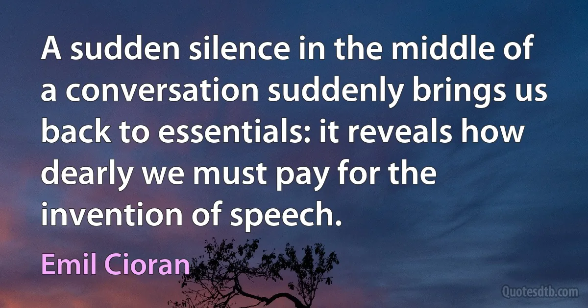 A sudden silence in the middle of a conversation suddenly brings us back to essentials: it reveals how dearly we must pay for the invention of speech. (Emil Cioran)