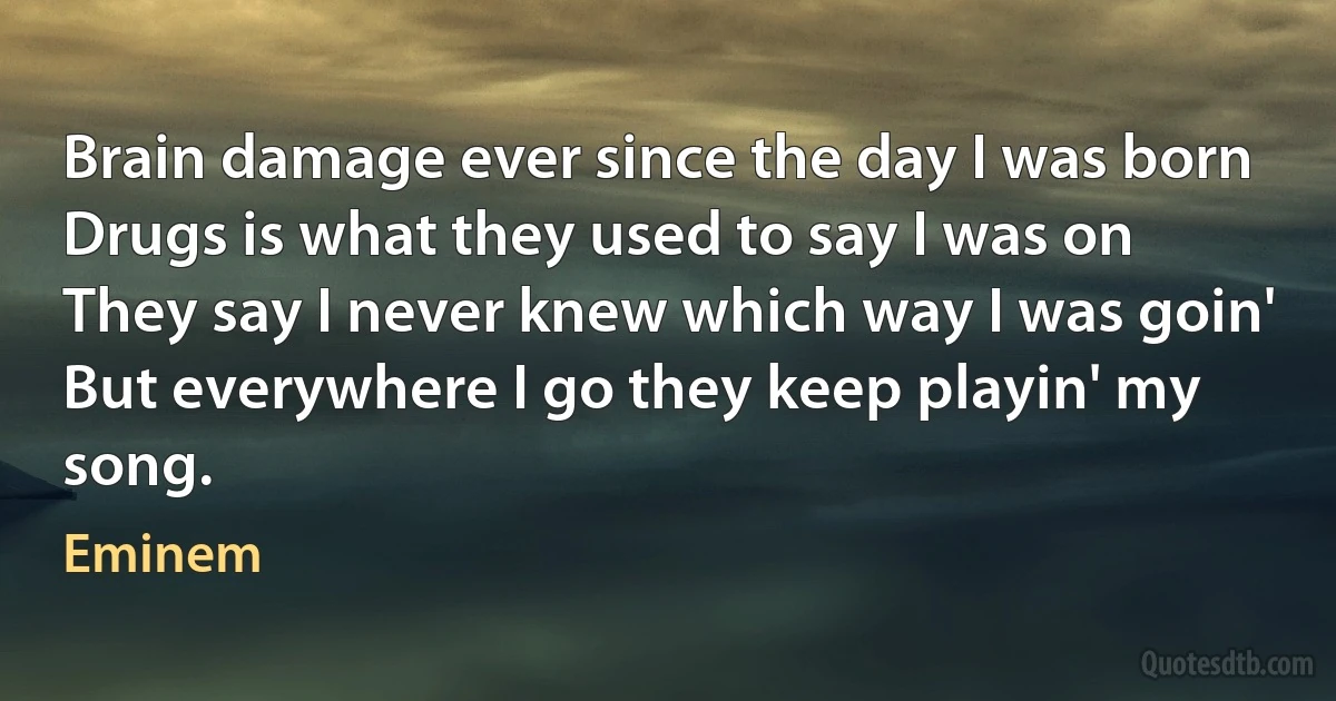 Brain damage ever since the day I was born
Drugs is what they used to say I was on
They say I never knew which way I was goin'
But everywhere I go they keep playin' my song. (Eminem)