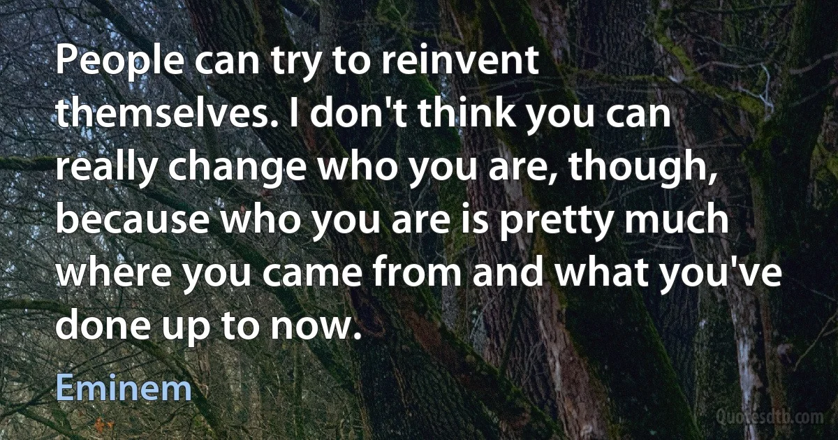 People can try to reinvent themselves. I don't think you can really change who you are, though, because who you are is pretty much where you came from and what you've done up to now. (Eminem)