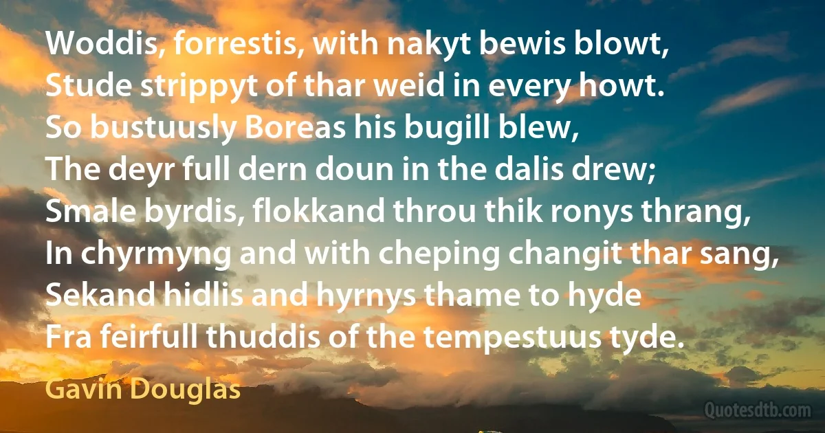 Woddis, forrestis, with nakyt bewis blowt,
Stude strippyt of thar weid in every howt.
So bustuusly Boreas his bugill blew,
The deyr full dern doun in the dalis drew;
Smale byrdis, flokkand throu thik ronys thrang,
In chyrmyng and with cheping changit thar sang,
Sekand hidlis and hyrnys thame to hyde
Fra feirfull thuddis of the tempestuus tyde. (Gavin Douglas)