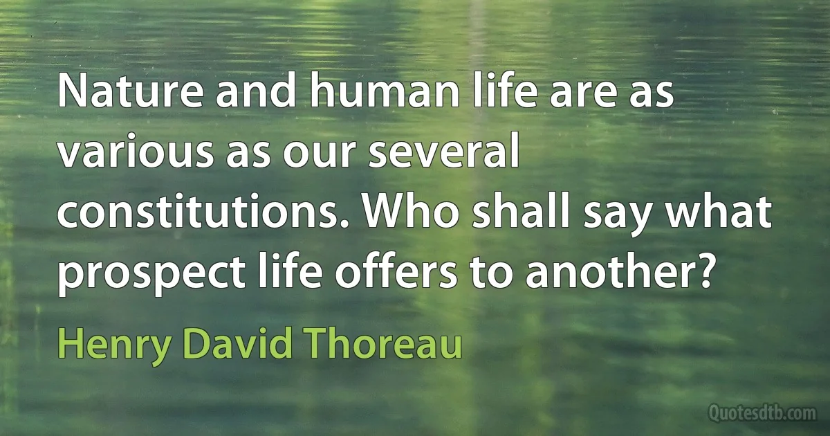 Nature and human life are as various as our several constitutions. Who shall say what prospect life offers to another? (Henry David Thoreau)