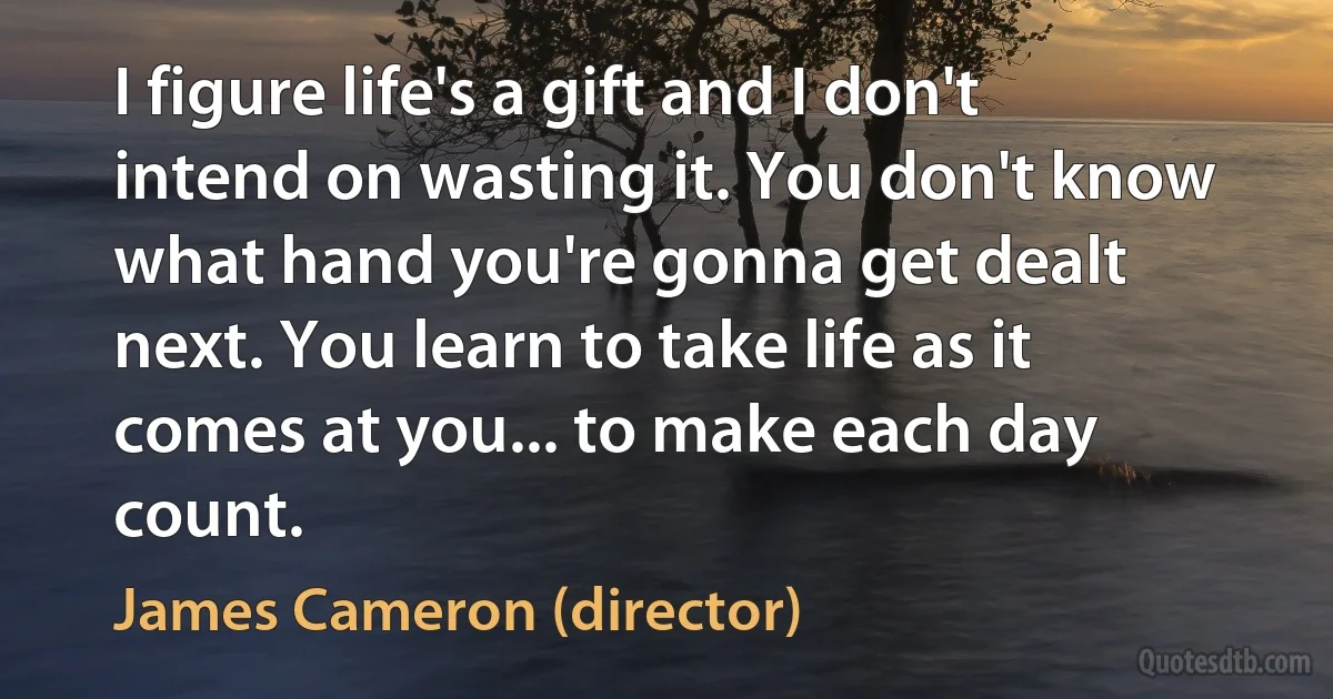 I figure life's a gift and I don't intend on wasting it. You don't know what hand you're gonna get dealt next. You learn to take life as it comes at you... to make each day count. (James Cameron (director))