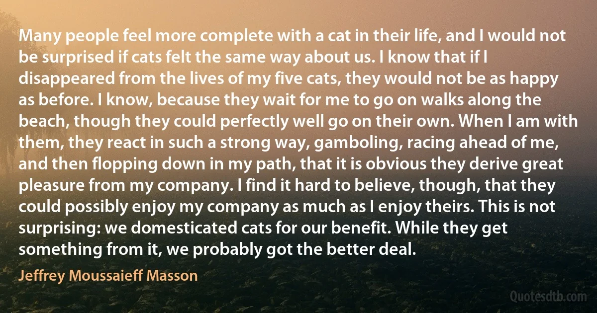 Many people feel more complete with a cat in their life, and I would not be surprised if cats felt the same way about us. I know that if I disappeared from the lives of my five cats, they would not be as happy as before. I know, because they wait for me to go on walks along the beach, though they could perfectly well go on their own. When I am with them, they react in such a strong way, gamboling, racing ahead of me, and then flopping down in my path, that it is obvious they derive great pleasure from my company. I find it hard to believe, though, that they could possibly enjoy my company as much as I enjoy theirs. This is not surprising: we domesticated cats for our benefit. While they get something from it, we probably got the better deal. (Jeffrey Moussaieff Masson)