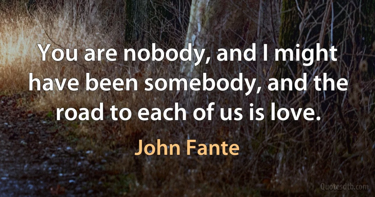 You are nobody, and I might have been somebody, and the road to each of us is love. (John Fante)