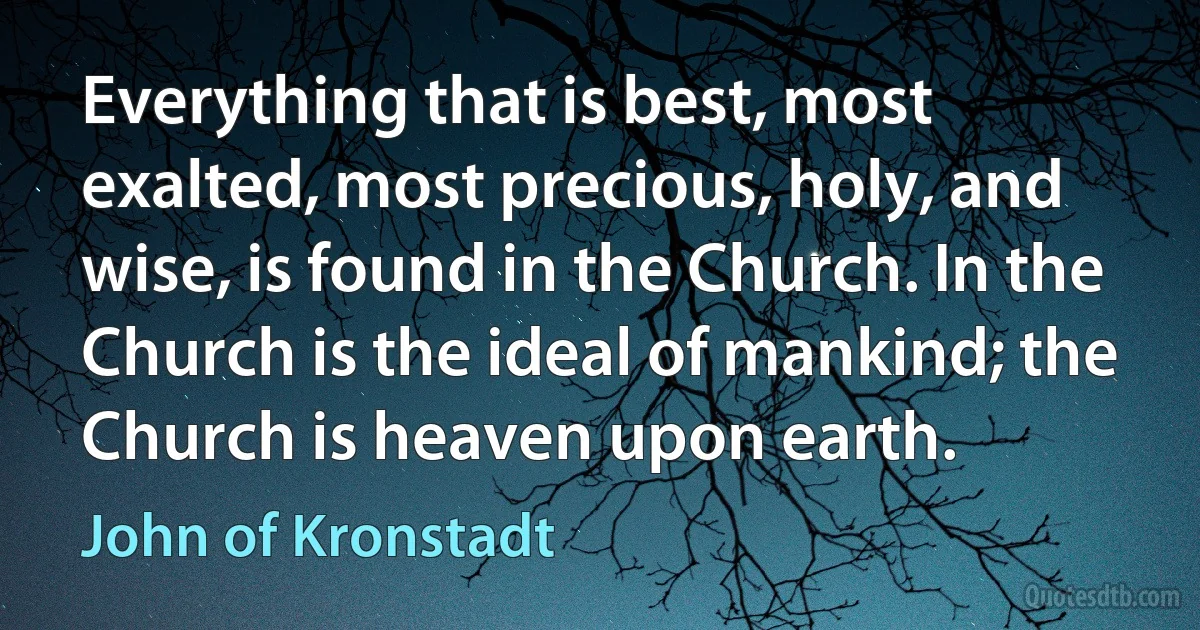 Everything that is best, most exalted, most precious, holy, and wise, is found in the Church. In the Church is the ideal of mankind; the Church is heaven upon earth. (John of Kronstadt)