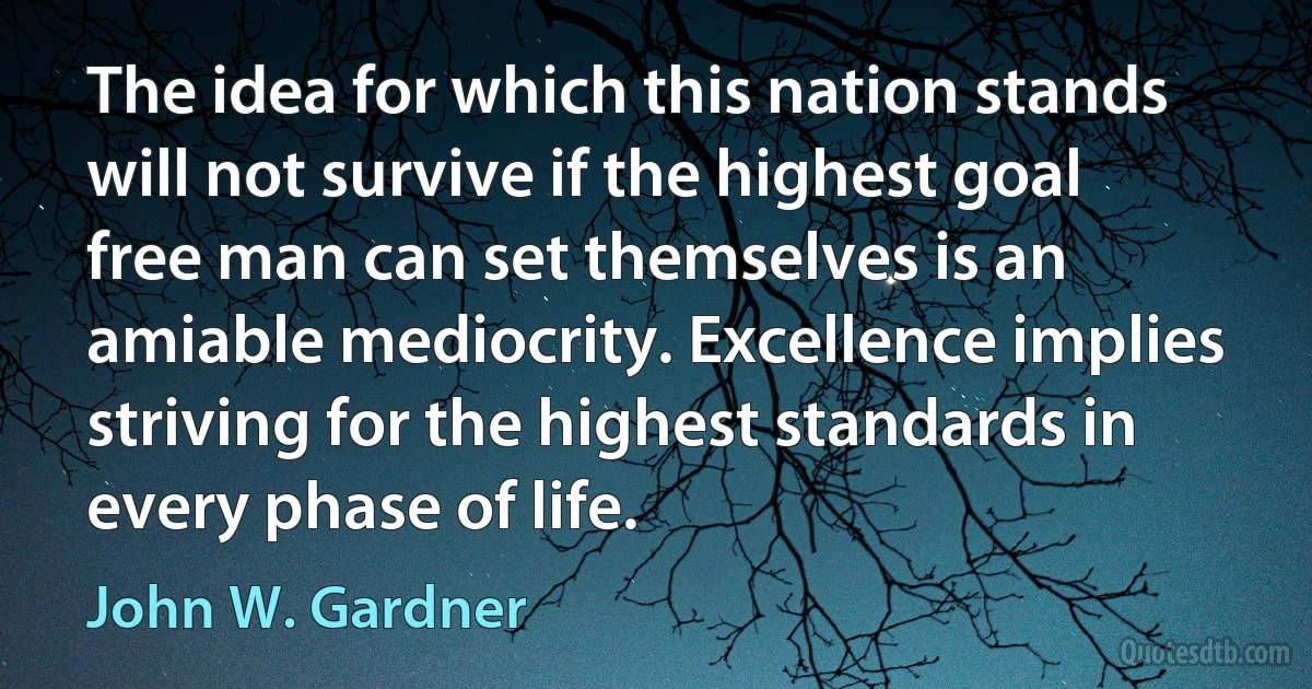 The idea for which this nation stands will not survive if the highest goal free man can set themselves is an amiable mediocrity. Excellence implies striving for the highest standards in every phase of life. (John W. Gardner)