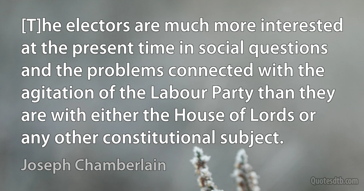 [T]he electors are much more interested at the present time in social questions and the problems connected with the agitation of the Labour Party than they are with either the House of Lords or any other constitutional subject. (Joseph Chamberlain)