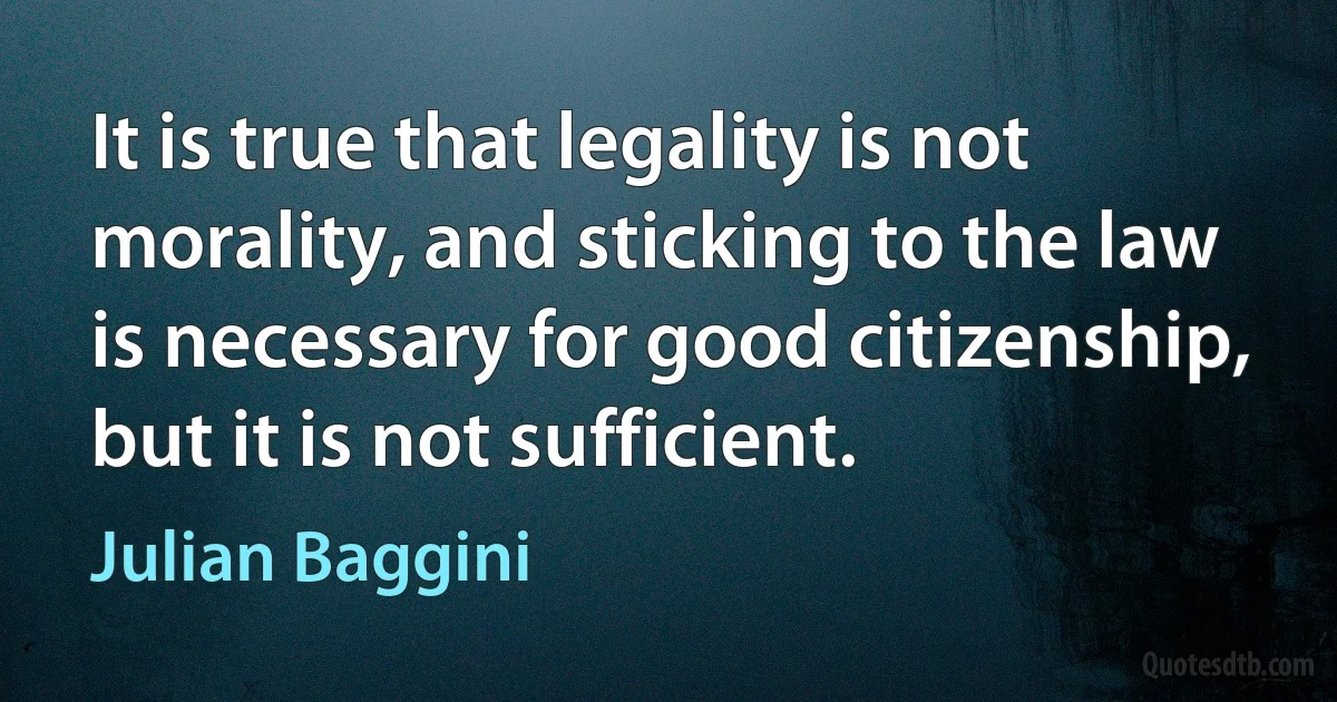 It is true that legality is not morality, and sticking to the law is necessary for good citizenship, but it is not sufficient. (Julian Baggini)