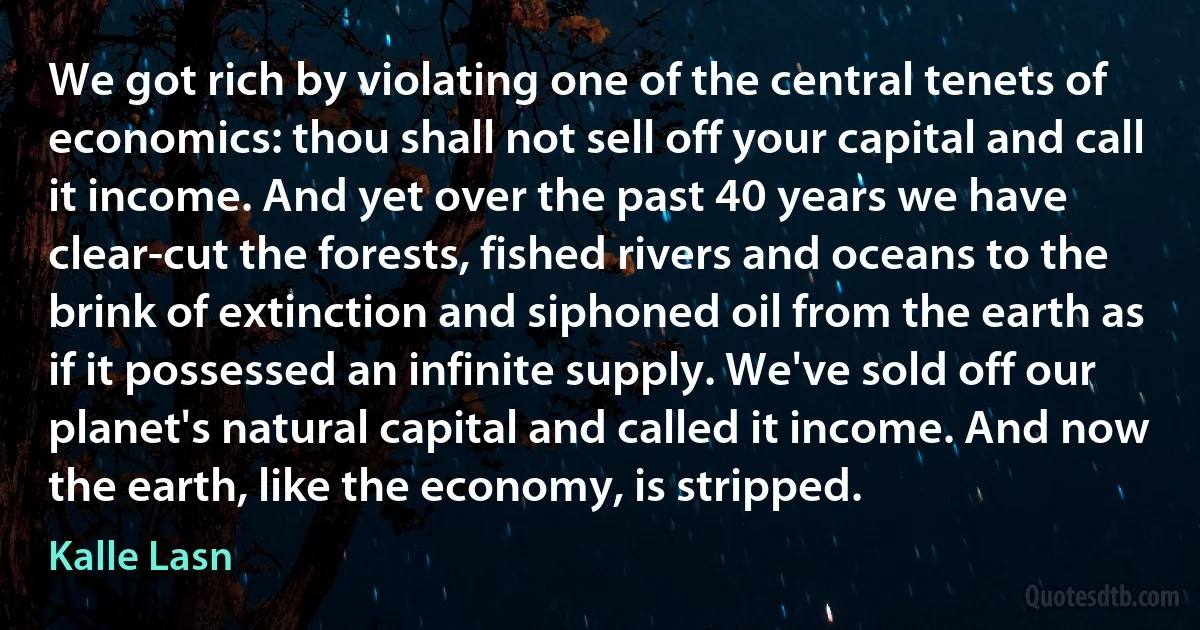 We got rich by violating one of the central tenets of economics: thou shall not sell off your capital and call it income. And yet over the past 40 years we have clear-cut the forests, fished rivers and oceans to the brink of extinction and siphoned oil from the earth as if it possessed an infinite supply. We've sold off our planet's natural capital and called it income. And now the earth, like the economy, is stripped. (Kalle Lasn)