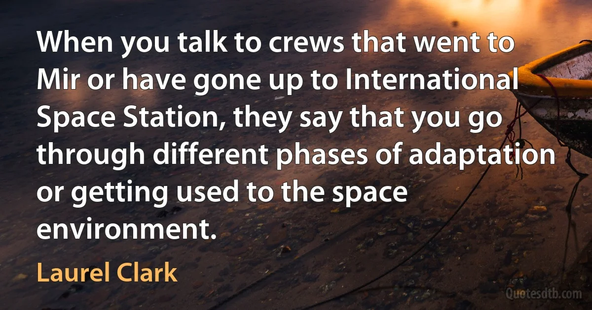 When you talk to crews that went to Mir or have gone up to International Space Station, they say that you go through different phases of adaptation or getting used to the space environment. (Laurel Clark)