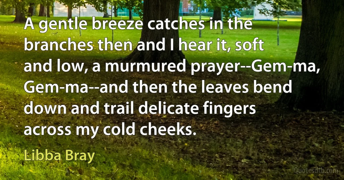 A gentle breeze catches in the branches then and I hear it, soft and low, a murmured prayer--Gem-ma, Gem-ma--and then the leaves bend down and trail delicate fingers across my cold cheeks. (Libba Bray)