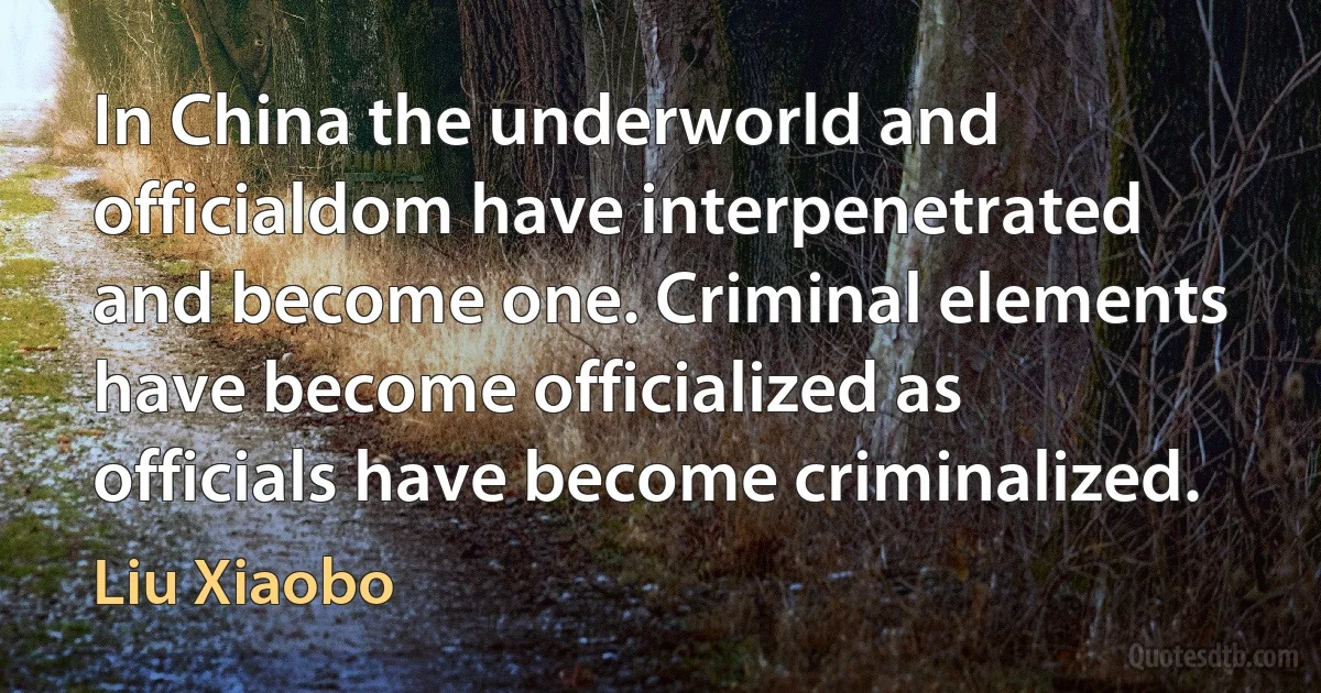 In China the underworld and officialdom have interpenetrated and become one. Criminal elements have become officialized as officials have become criminalized. (Liu Xiaobo)