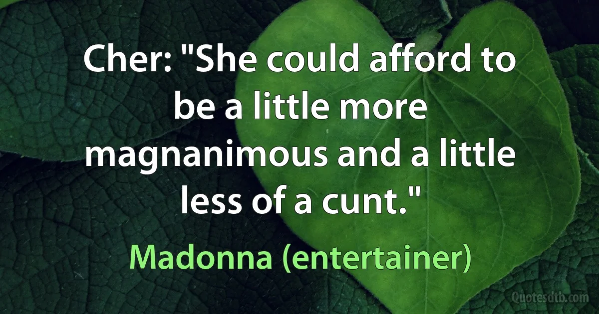 Cher: "She could afford to be a little more magnanimous and a little less of a cunt." (Madonna (entertainer))