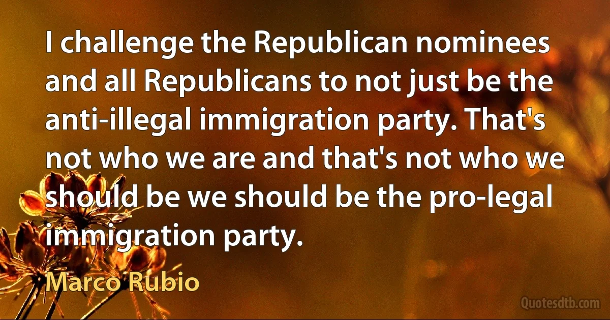 I challenge the Republican nominees and all Republicans to not just be the anti-illegal immigration party. That's not who we are and that's not who we should be we should be the pro-legal immigration party. (Marco Rubio)