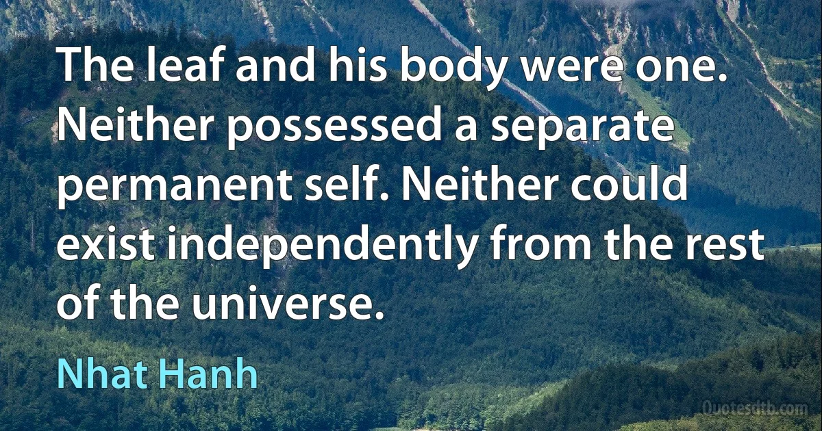 The leaf and his body were one. Neither possessed a separate permanent self. Neither could exist independently from the rest of the universe. (Nhat Hanh)