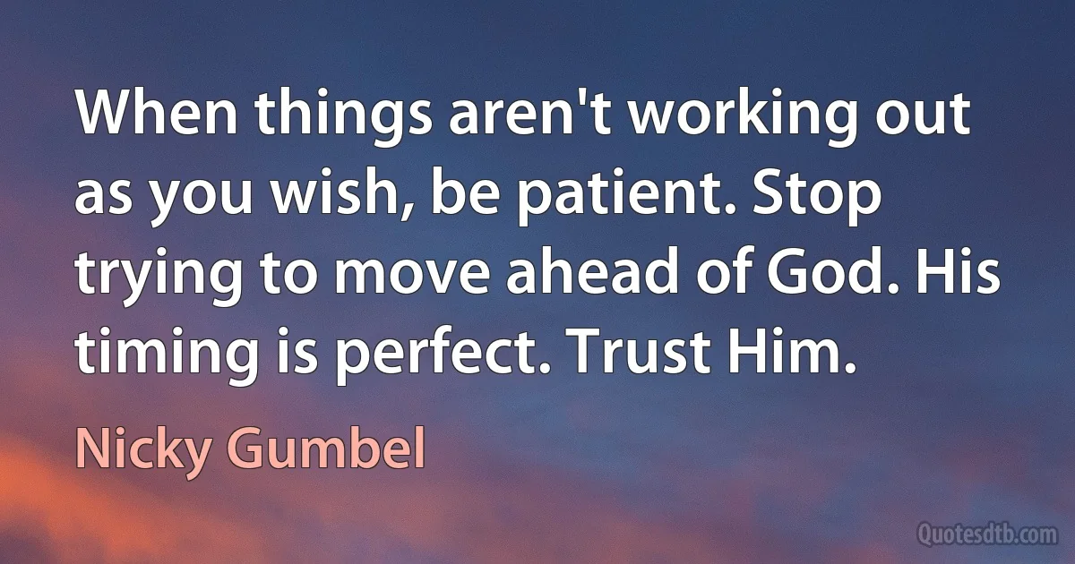 When things aren't working out as you wish, be patient. Stop trying to move ahead of God. His timing is perfect. Trust Him. (Nicky Gumbel)