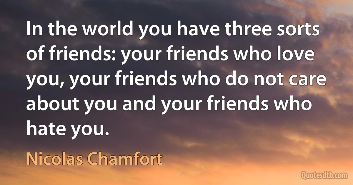 In the world you have three sorts of friends: your friends who love you, your friends who do not care about you and your friends who hate you. (Nicolas Chamfort)