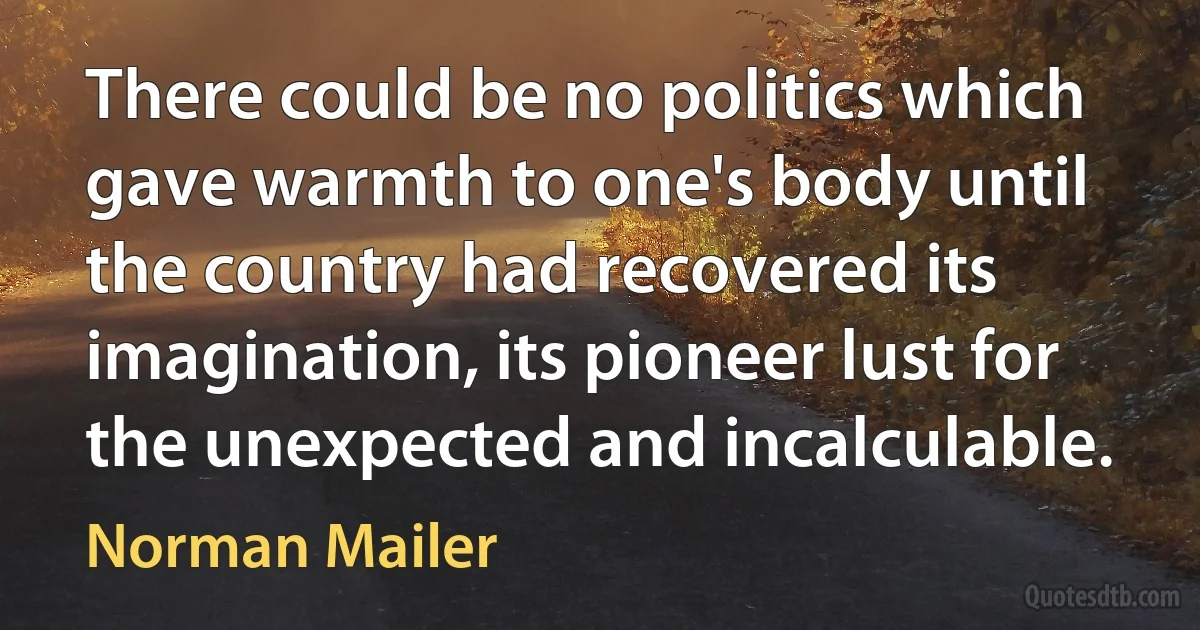 There could be no politics which gave warmth to one's body until the country had recovered its imagination, its pioneer lust for the unexpected and incalculable. (Norman Mailer)