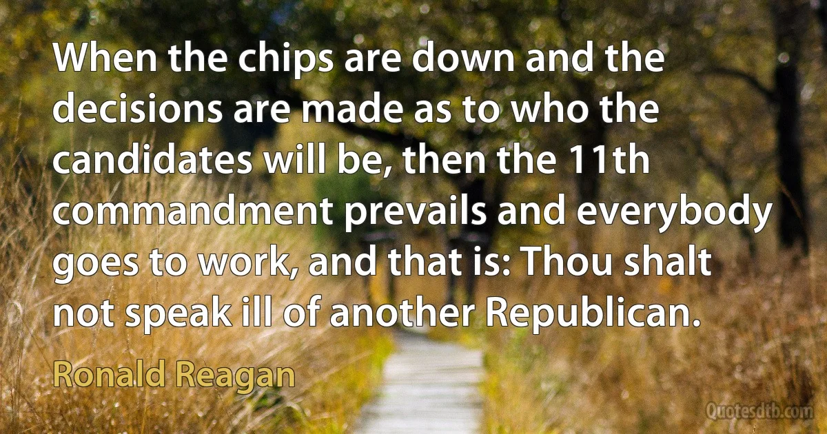 When the chips are down and the decisions are made as to who the candidates will be, then the 11th commandment prevails and everybody goes to work, and that is: Thou shalt not speak ill of another Republican. (Ronald Reagan)