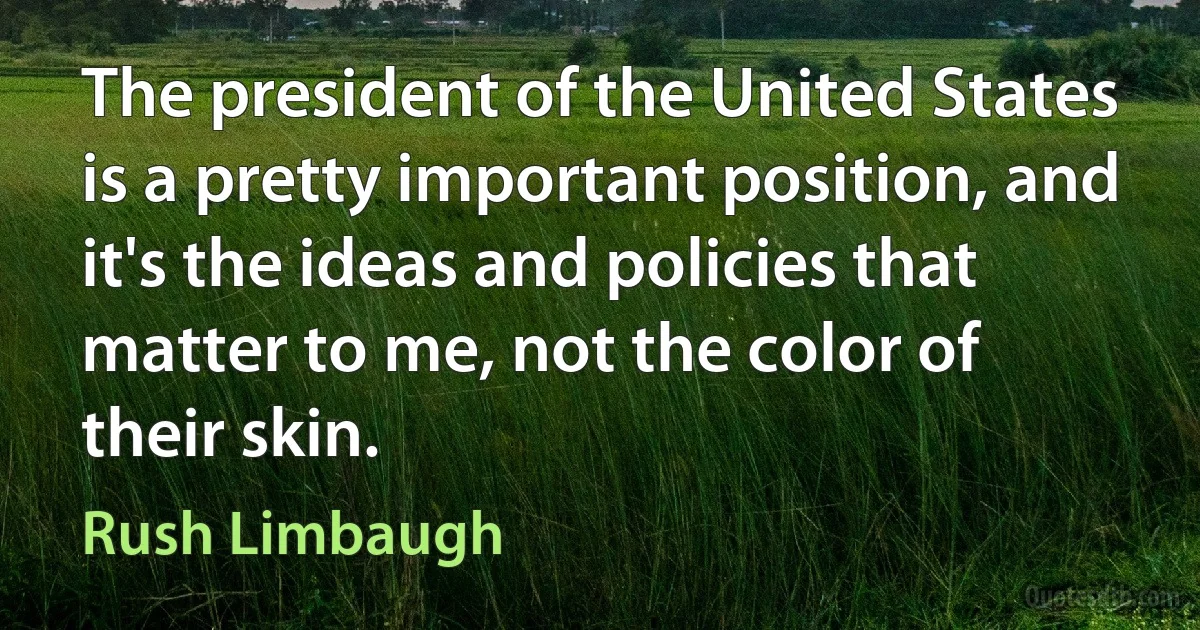 The president of the United States is a pretty important position, and it's the ideas and policies that matter to me, not the color of their skin. (Rush Limbaugh)