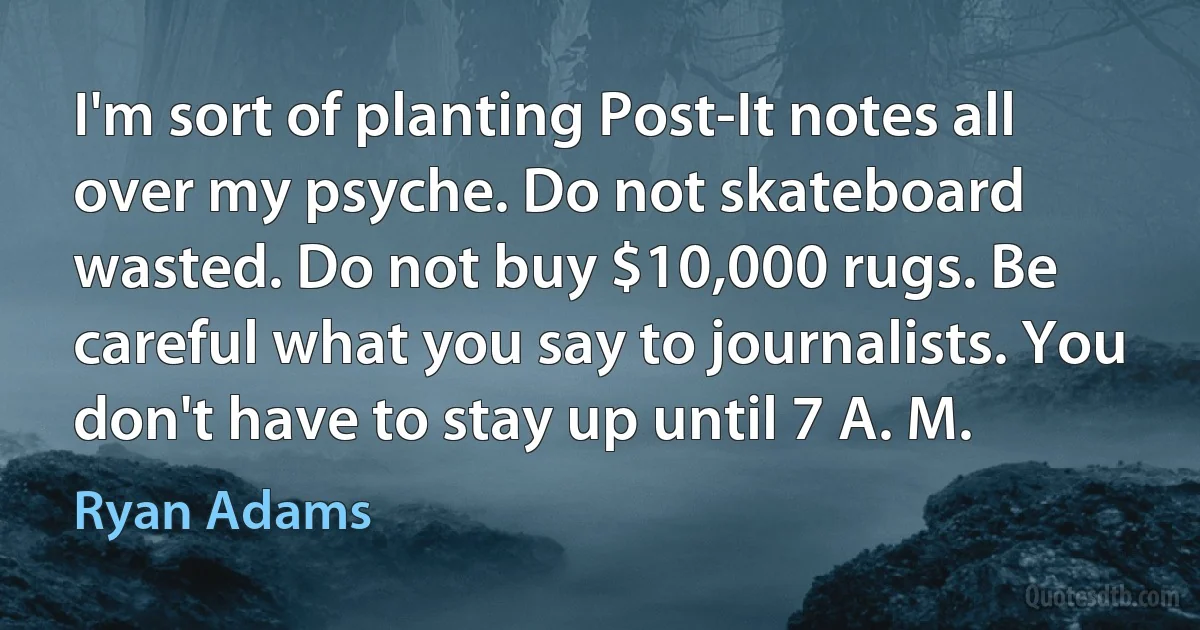 I'm sort of planting Post-It notes all over my psyche. Do not skateboard wasted. Do not buy $10,000 rugs. Be careful what you say to journalists. You don't have to stay up until 7 A. M. (Ryan Adams)