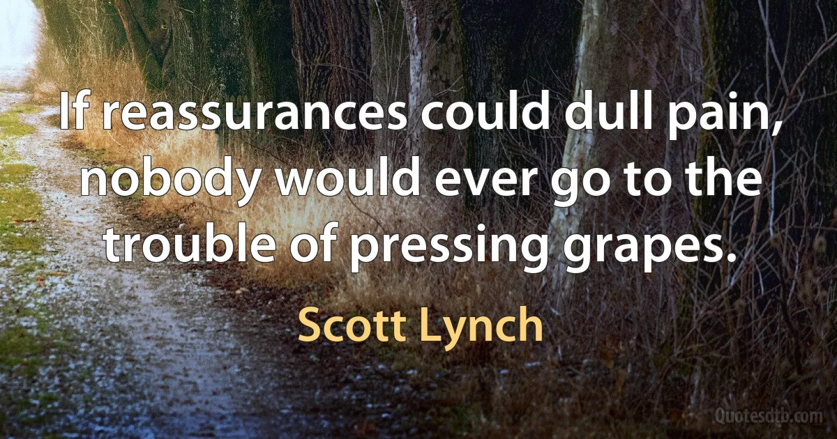 If reassurances could dull pain, nobody would ever go to the trouble of pressing grapes. (Scott Lynch)