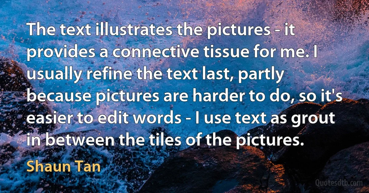 The text illustrates the pictures - it provides a connective tissue for me. I usually refine the text last, partly because pictures are harder to do, so it's easier to edit words - I use text as grout in between the tiles of the pictures. (Shaun Tan)