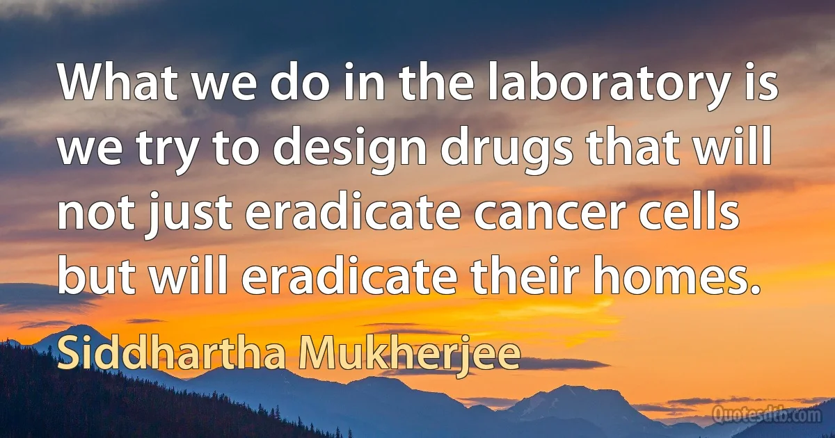 What we do in the laboratory is we try to design drugs that will not just eradicate cancer cells but will eradicate their homes. (Siddhartha Mukherjee)