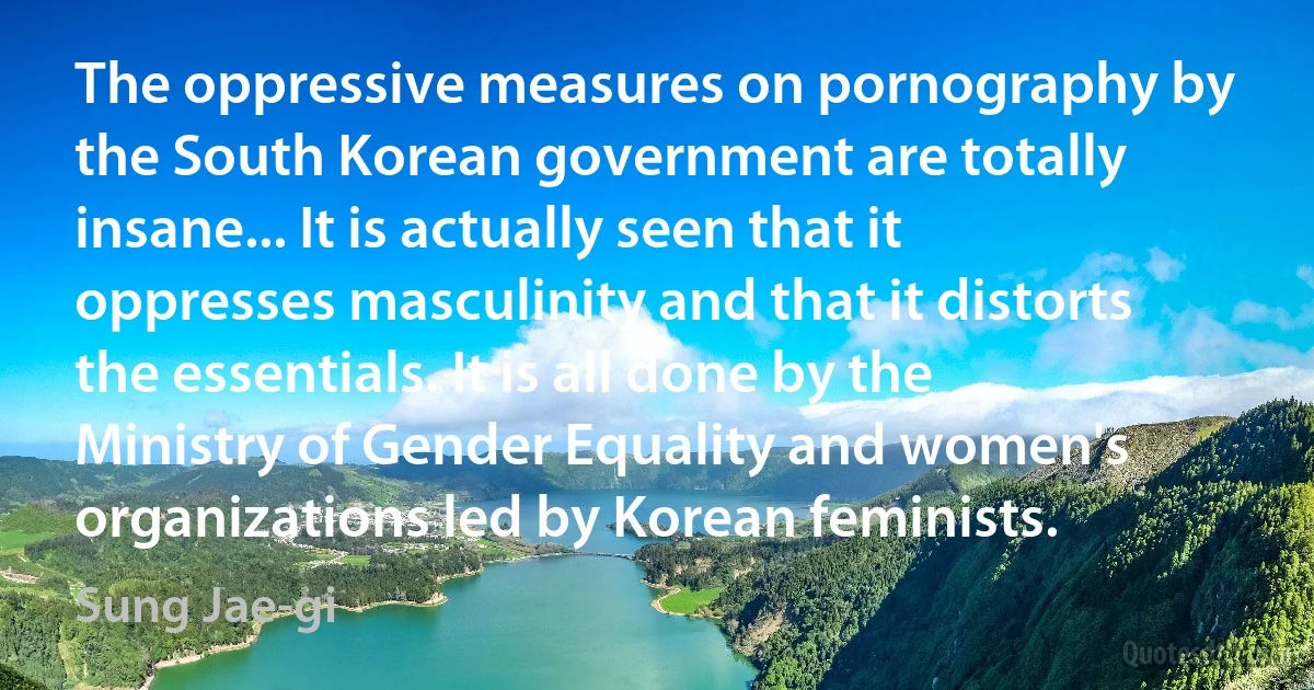 The oppressive measures on pornography by the South Korean government are totally insane... It is actually seen that it oppresses masculinity and that it distorts the essentials. It is all done by the Ministry of Gender Equality and women's organizations led by Korean feminists. (Sung Jae-gi)