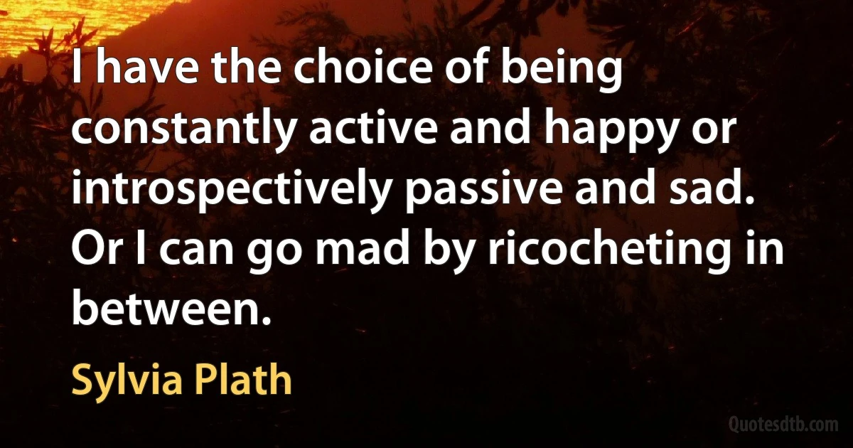 I have the choice of being constantly active and happy or introspectively passive and sad. Or I can go mad by ricocheting in between. (Sylvia Plath)