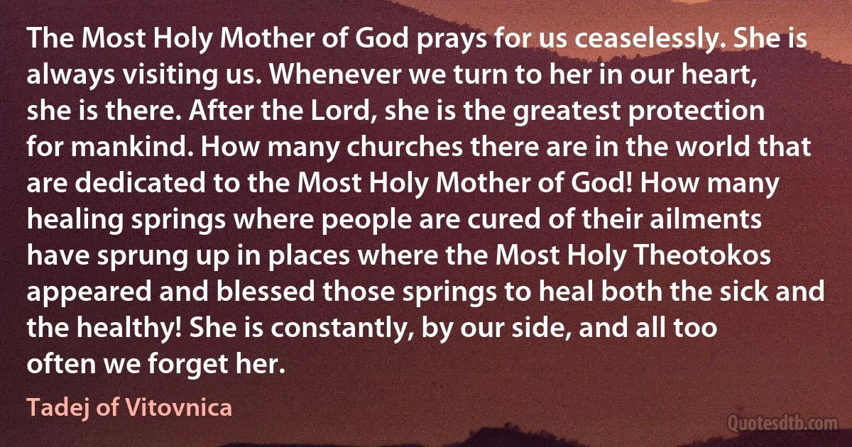 The Most Holy Mother of God prays for us ceaselessly. She is always visiting us. Whenever we turn to her in our heart, she is there. After the Lord, she is the greatest protection for mankind. How many churches there are in the world that are dedicated to the Most Holy Mother of God! How many healing springs where people are cured of their ailments have sprung up in places where the Most Holy Theotokos appeared and blessed those springs to heal both the sick and the healthy! She is constantly, by our side, and all too often we forget her. (Tadej of Vitovnica)