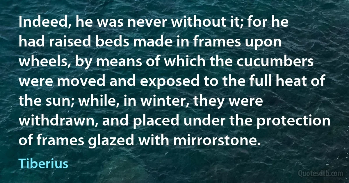 Indeed, he was never without it; for he had raised beds made in frames upon wheels, by means of which the cucumbers were moved and exposed to the full heat of the sun; while, in winter, they were withdrawn, and placed under the protection of frames glazed with mirrorstone. (Tiberius)