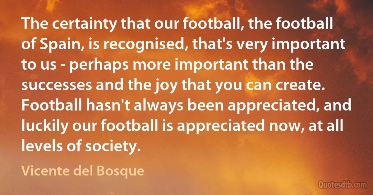 The certainty that our football, the football of Spain, is recognised, that's very important to us - perhaps more important than the successes and the joy that you can create. Football hasn't always been appreciated, and luckily our football is appreciated now, at all levels of society. (Vicente del Bosque)