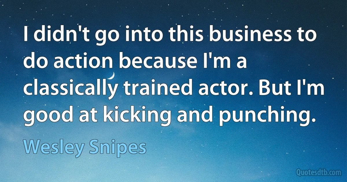 I didn't go into this business to do action because I'm a classically trained actor. But I'm good at kicking and punching. (Wesley Snipes)