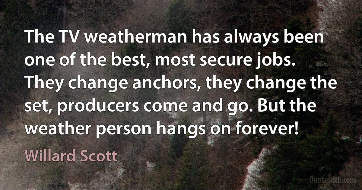 The TV weatherman has always been one of the best, most secure jobs. They change anchors, they change the set, producers come and go. But the weather person hangs on forever! (Willard Scott)