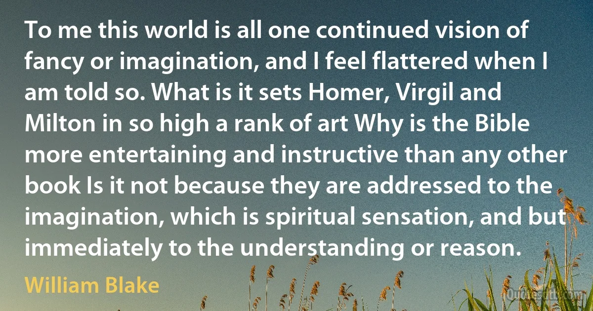 To me this world is all one continued vision of fancy or imagination, and I feel flattered when I am told so. What is it sets Homer, Virgil and Milton in so high a rank of art Why is the Bible more entertaining and instructive than any other book Is it not because they are addressed to the imagination, which is spiritual sensation, and but immediately to the understanding or reason. (William Blake)