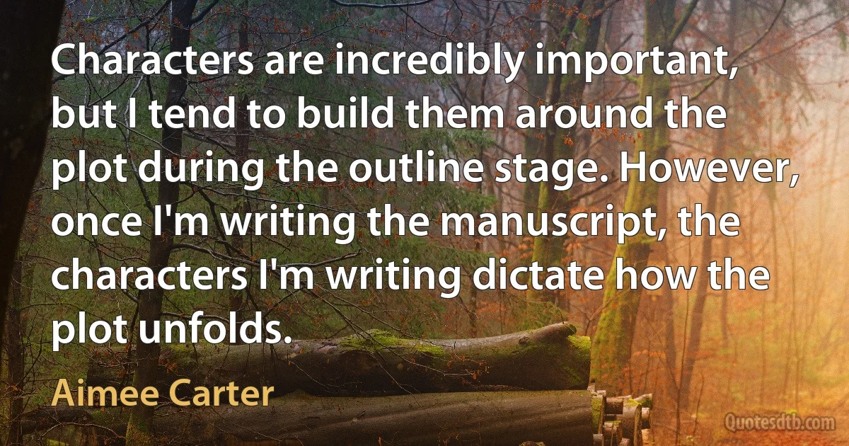 Characters are incredibly important, but I tend to build them around the plot during the outline stage. However, once I'm writing the manuscript, the characters I'm writing dictate how the plot unfolds. (Aimee Carter)