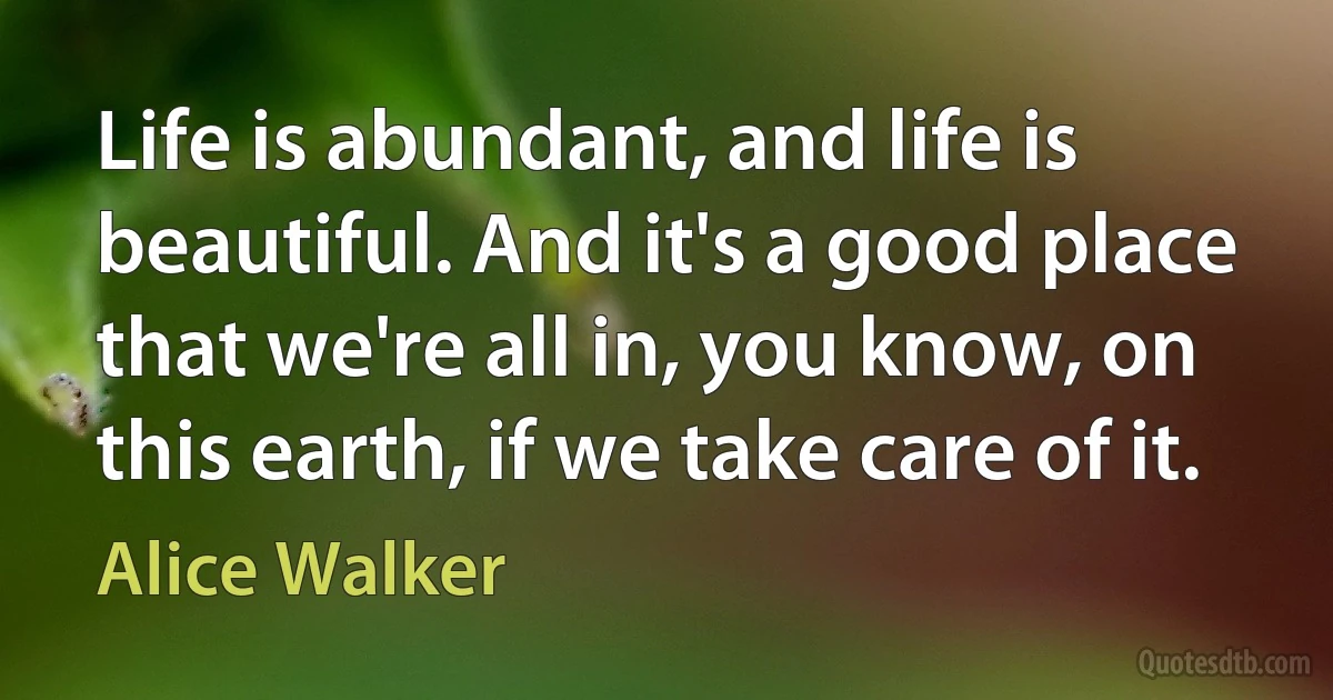 Life is abundant, and life is beautiful. And it's a good place that we're all in, you know, on this earth, if we take care of it. (Alice Walker)