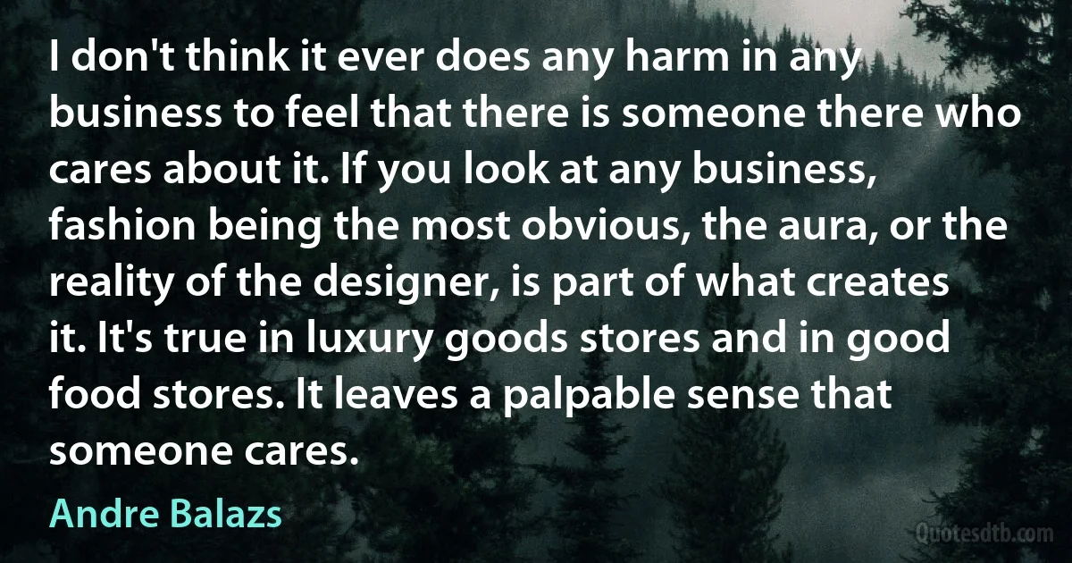 I don't think it ever does any harm in any business to feel that there is someone there who cares about it. If you look at any business, fashion being the most obvious, the aura, or the reality of the designer, is part of what creates it. It's true in luxury goods stores and in good food stores. It leaves a palpable sense that someone cares. (Andre Balazs)