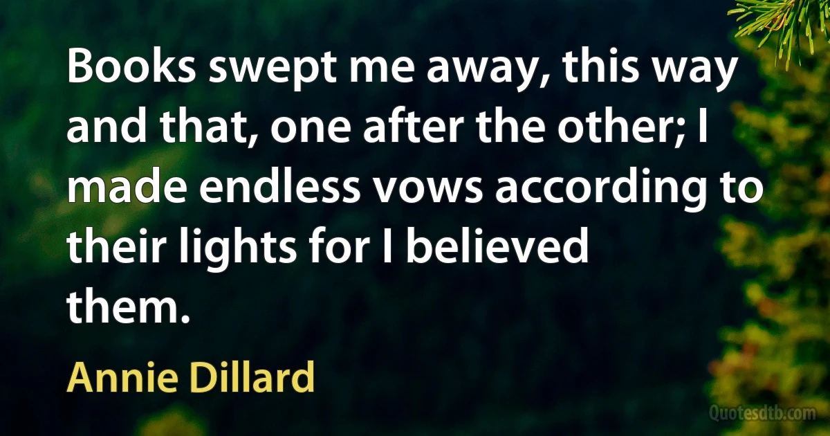 Books swept me away, this way and that, one after the other; I made endless vows according to their lights for I believed them. (Annie Dillard)