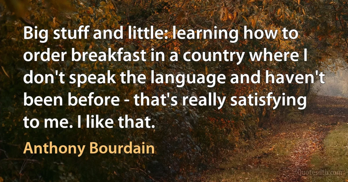 Big stuff and little: learning how to order breakfast in a country where I don't speak the language and haven't been before - that's really satisfying to me. I like that. (Anthony Bourdain)