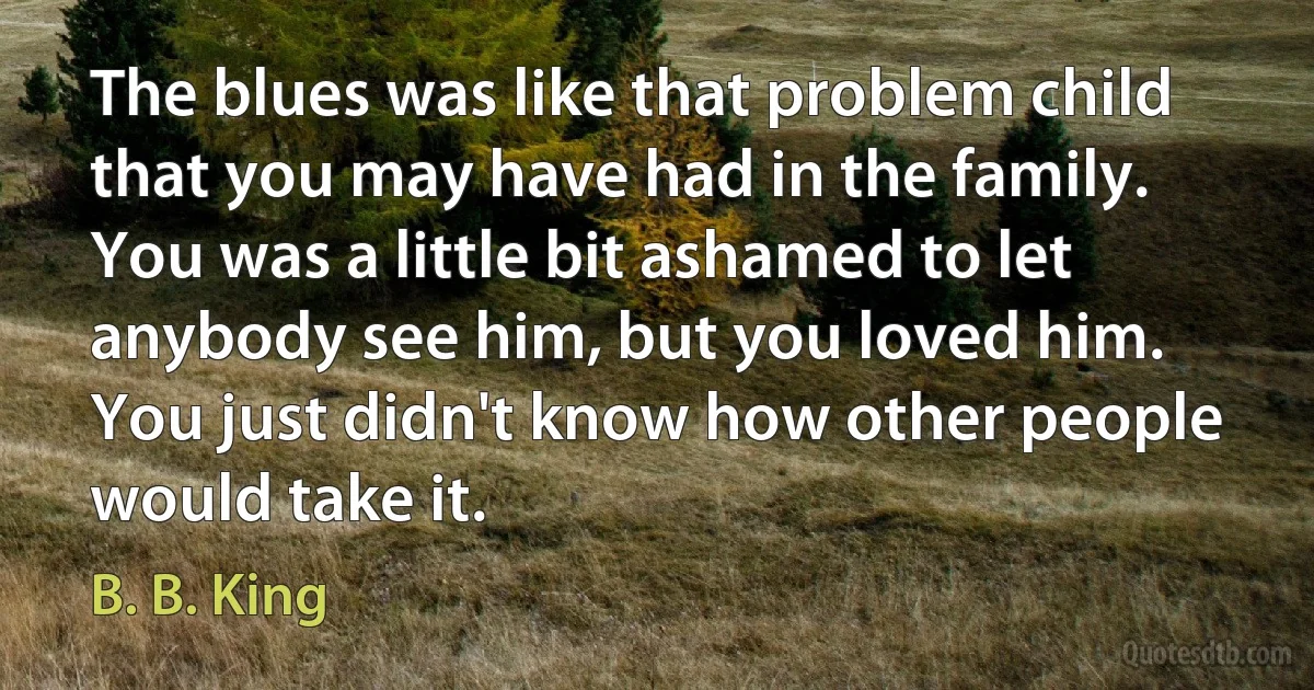 The blues was like that problem child that you may have had in the family. You was a little bit ashamed to let anybody see him, but you loved him. You just didn't know how other people would take it. (B. B. King)