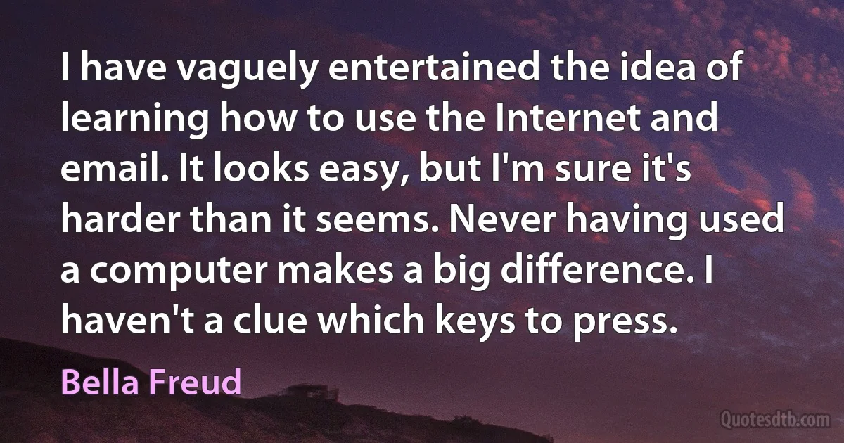 I have vaguely entertained the idea of learning how to use the Internet and email. It looks easy, but I'm sure it's harder than it seems. Never having used a computer makes a big difference. I haven't a clue which keys to press. (Bella Freud)