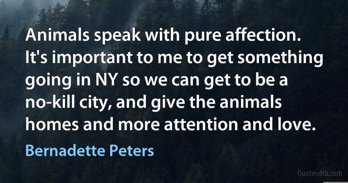 Animals speak with pure affection. It's important to me to get something going in NY so we can get to be a no-kill city, and give the animals homes and more attention and love. (Bernadette Peters)