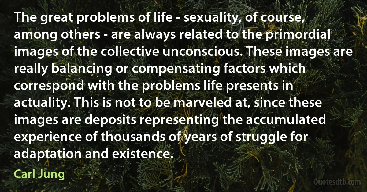 The great problems of life - sexuality, of course, among others - are always related to the primordial images of the collective unconscious. These images are really balancing or compensating factors which correspond with the problems life presents in actuality. This is not to be marveled at, since these images are deposits representing the accumulated experience of thousands of years of struggle for adaptation and existence. (Carl Jung)