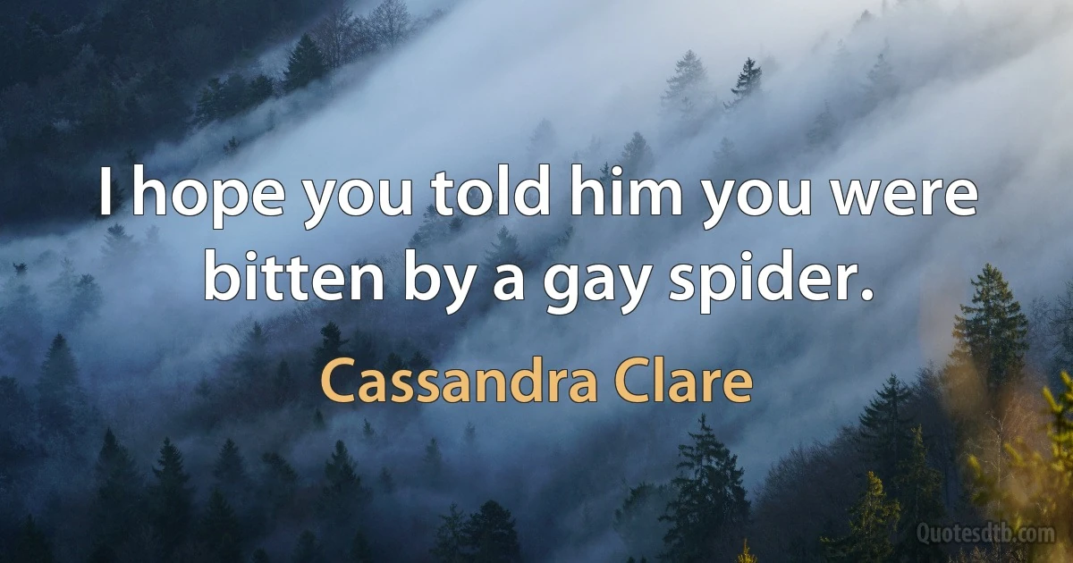 I hope you told him you were bitten by a gay spider. (Cassandra Clare)