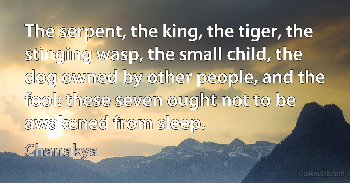 The serpent, the king, the tiger, the stinging wasp, the small child, the dog owned by other people, and the fool: these seven ought not to be awakened from sleep. (Chanakya)