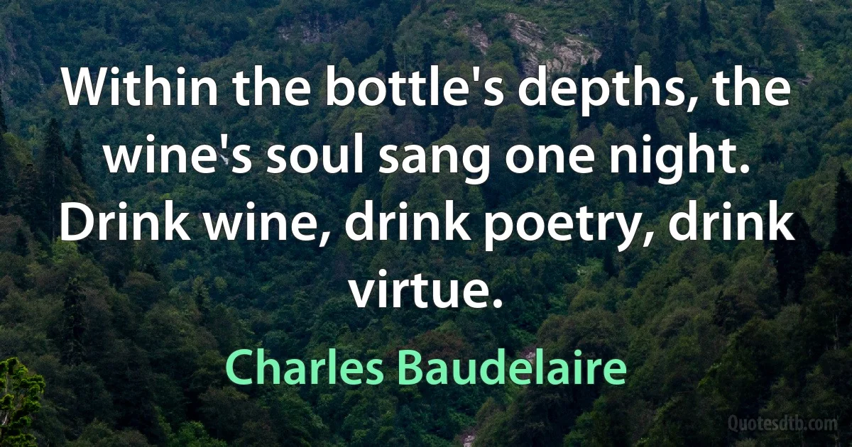 Within the bottle's depths, the wine's soul sang one night. Drink wine, drink poetry, drink virtue. (Charles Baudelaire)