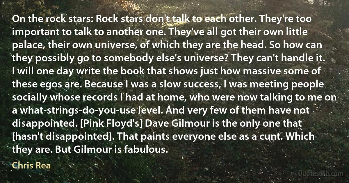 On the rock stars: Rock stars don't talk to each other. They're too important to talk to another one. They've all got their own little palace, their own universe, of which they are the head. So how can they possibly go to somebody else's universe? They can't handle it. I will one day write the book that shows just how massive some of these egos are. Because I was a slow success, I was meeting people socially whose records I had at home, who were now talking to me on a what-strings-do-you-use level. And very few of them have not disappointed. [Pink Floyd's] Dave Gilmour is the only one that [hasn't disappointed]. That paints everyone else as a cunt. Which they are. But Gilmour is fabulous. (Chris Rea)